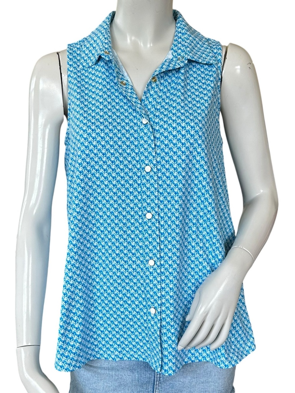 J. McLaughlin Blue White Printed Catalina Cloth Button Down Sleeveless Polo Med